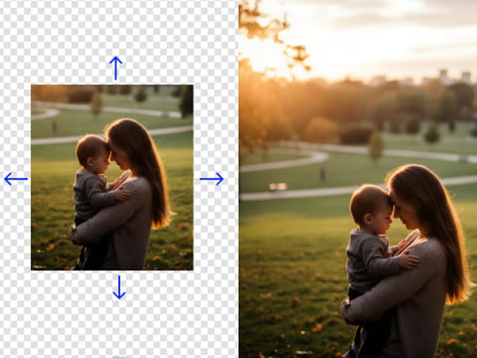 AI expand pic free example before after comparison showing subject replacement in same background